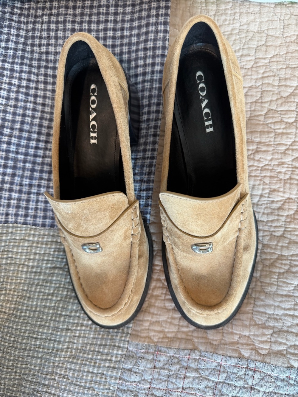 COACH Beige Suede Women’s size 10 Penny Loafers with Silver Accent